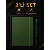Mikasso Kutulu Set Defter + Tükenmez Kalem Yumuşak Düz Çizgili Orta Boy Yeşil Not Defteri A5 Belirtilmemiş - Çok Renkli
