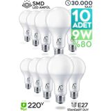 Mikasso LED Ampül 10 Adet 9W Smd Süper Parlak LED Beyaz Işık 6500K Tasarruflu Lamba