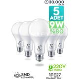 Mikasso LED Ampül 5 Adet 9W Smd Süper Parlak LED Beyaz Işık 6500K Tasarruflu Lamba