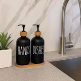 Mikasso Lotion 2’li Mutfak Sıvı Sabunluk Seti 500ML+500ML Bambu Tepsili Cam Siyah - Çok Renkli