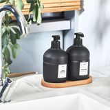 Mikasso Lüks Ahşap Altlıklı Cam Set Cool Sabunluk- Banyo -Mutfak Seti Cam Siyah - Çok Renkli