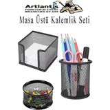 Mikasso Masa Üstü Siyah Fileli Kalemlik Seti 3 Parça 1 Paket 3 Lü Masa Üstü Düzenleyici Kalemlik Küp Notluk - Çok Renkli