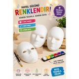 Mikasso Maske Boyama Seti, 3 Lü, Maske, Fırça ve Boya, Eğitici Maske Boyama Beyaz - Çok Renkli