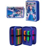 Mikasso Mavi Kız Desenli Pvc Üç Bölmeli Kız Çocuk Organizer Kalemlik Kalem Kutusu -CP7002 Plastik Mavi - Çok Renkli