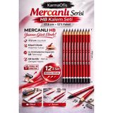Mikasso Mercanlı Hb Kurşun Kalem Kırmızı Tek Renk 12 Adet, Köşeli Gövde, 17.5 cm Kırmızı - Çok Renkli