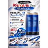 Mikasso Mercanlı Hb Kurşun Kalem Mavi Tek Renk 12 Adet, Köşeli Gövde, 17.5 cm Mavi - Çok Renkli
