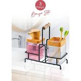 Mikasso Metal Standlı Ahşap Detaylı Sıvı Sabunluk Diş Fırçalık Mutfak Banyo Seti- Şeffaf Metal Beyaz - Çok Renkli