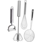 Mikasso Metal Yağ Kevgiri Bas Çek Çırpıcı Julyen Sebze Soyacağı Tel Çırpıcı Set Paslanmaz Çelik Metalik