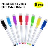 Mikasso Mıknatıslı Mini Tahta Kalemi, 8 Renk, Yaz-Sil, Yazı Tahtası Kalemi, Keçeli Silgili Kalem Siyah - Çok Renkli