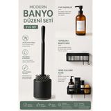 Mikasso Modern Banyo Seti 3'lü | Yapışkanlı Banyo Rafı, Cam Sabunluk ve Tuvalet Fırçası Plastik Siyah - Çok Renkli