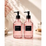 Mikasso Modern Çizgi Desenli Cam Sabunluk & Deterjanlık Seti -500 Ml-Siyah-Lacivert-Pembe-Yeşil Cam Pembe - Çok Renkli