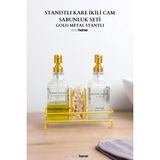 Mikasso Modern Gold Cam Ikili Sıvı Sabunluk & Deterjanlık SETI-500 ml Cam Sabunluk, Metal Standlı Süngerli C - Çok Renkli