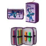 Mikasso Mor Cool Girl Desenli Pvc Üç Bölmeli Kız Çocuk Organizer Kalemlik Kalem Kutusu -CP7002 Plastik Mor - Çok Renkli
