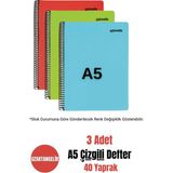 Mikasso Mynote A5 40 Yaprak Spiralli Plastik Kapak Çizgili Defter ( 3 Adet ) Sert Spiralli Kareli 40 Yaprak - Çok Renkli