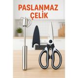 Mikasso Paslanmaz Çelik Mutfak Makası ve Basmalı Otomatik Çırpıcı Seti – Çok Amaçlı, Ergonomik Sap Paslanmaz