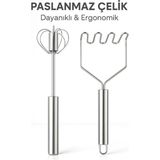 Mikasso Paslanmaz Çelik Patates Ezici ve Basmalı Otomatik Çırpıcı Seti –dayanıklı, Ergonomik Sap Metalik Pas