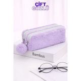 Mikasso Peluş Çift Gözlü Bölmeli Okul Için Ponponlu Çok Amaçlı Organizer Kalemlik Kalem Kutusu Tekstil Mor - Çok Renkli