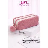 Mikasso Peluş Çift Gözlü Bölmeli Okul Için Ponponlu Çok Amaçlı Organizer Kalemlik Kalem Kutusu Tekstil Pembe - Çok Renkli