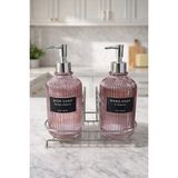 Mikasso Pembe 2'li Cam Sabunluk/deterjanlık, 500 Ml, Gümüş Renk Metal Stantlı, 21,5X9X23 cm Cam Pembe - Çok Renkli