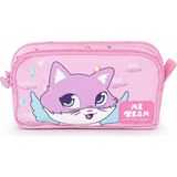 Mikasso Pembe Kanatlı Kedi Karakterli Kalemlik - 2 Bölmeli Suni Deri Ön Panelli Kız Çocuk Okul Kalem Kutusu - Çok Renkli
