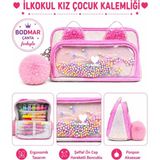 Mikasso Pembe Pembe Desenli Ilkokul Kız Çocuk Kalemlik Lüks Kalem Kutusu Organizer Çift Bölmeli Boncuklu Üç - Çok Renkli