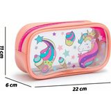 Mikasso Pink Tek Bölmeli Unicorn Kalem Kutusu, Şeffaf Desenli Kalemlik, Su Geçirmez, 20X10X15CM Tekstil Pemb - Çok Renkli