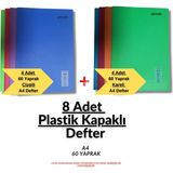 Mikasso Plastik Kapaklı Dikişli A4 Kareli A4 Çizgili 8'li Defter Seti ( 4 Kareli 4 Çizgili ) Sert Düz Kareli - Çok Renkli