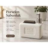 Mikasso Porselen Sabunluk Sünger Bölmeli | Mutfak & Banyo Sıvı Sabun Dispenser Şık Tasarım =© Porselen Krem - Çok Renkli