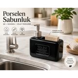 Mikasso Porselen Sabunluk Sünger Bölmeli | Mutfak & Banyo Sıvı Sabun Dispenser Şık Tasarım =© Porselen Siyah - Çok Renkli
