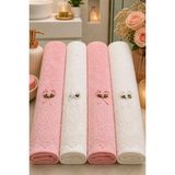 Mikasso Premium Fransız Güpür Dantelli 4’lü Pamuk Havlu Seti (2 Pembe & 2 Beyaz) 50X90 Pamuklu Beyaz - Çok Renkli