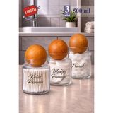 Mikasso Pureglass 3lü Büyük Boy Ahşap Top Kapaklı 500 ml Cam Pamukluk – Etiket Hedidyeli Cam Kavanoz Cam Bey - Çok Renkli