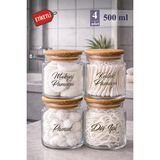 Mikasso Pureglass 4lü Büyük Boy Ahşap Kapaklı 500 ml Cam Pamukluk – Etiket Hediyeli Cam Kavanoz Cam Kahveren - Çok Renkli