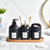Mikasso Qlux Ahşap Stantlı Cam Sıvı Sabunluk Diş Fırçalık Pamukluk Seti (Hediyelik Kutuludur) Banyo Seti Cam - Çok Renkli