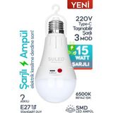 Mikasso Şarjlı Ampül 15W Beyaz Işık Tavan Kamp Işığı Acil Durum El Feneri Type-C 220V Şarjlı Beyaz E27 Duy
