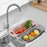Mikasso Sürgülü Ayarlanabilir Pratik Lavabo Süzgeci,ayarlı Evye,meyve Sebze Salata Yıkama Pembe-Gri 2 Adet P