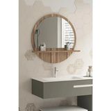 Mikasso Tarz Design 58 cm Yuvarlak Ceviz Raflı Koridor Konsol Duvar Salon Banyo Ofis Yatakoda Aynası Ahşap K - Çok Renkli