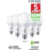 Mikasso Tasarruflu LED Ampül 5'li Set 15W Güçlü Aydınlatma Smd LED Beyaz Işık 6500K E27 Standart Lamba