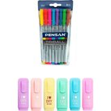 Mikasso Triball 8'li Tükenmez Kalem + I Love Dıy Mini Pastel Fosforlu 6'lı Set Kahverengi - Çok Renkli