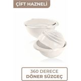 Mikasso Twist 360 Derece Dönebilir Çift Hazneli Süzgeç, Makarna Meyve ve Sebze Süzme Aparatı Plastik