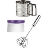 Mikasso Un Eleği Kakao Pudra Eleme + Çelik Yumurta Çırpıcı Mikser Karıştırıcı + Hamur Kesici Spatula Silikon