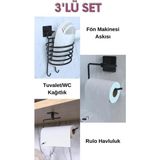 Mikasso Yapışkanlı 3 Lü Siyah Fön Makinesi Askısı Wc Kağıtlık Rulo Havluluk Pratik Tuvalet Banyo Seti Siyah - Çok Renkli