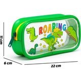 Mikasso Yeşil Tek Bölmeli Dinazor Kalem Kutusu, Dinosaur Şeffaf Desenli Kalemlik, Su Geçirmez, 20X10X15CM Te - Çok Renkli