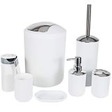 MIKOSI 6 Parça Banyo Aksesuar Setleri, Banyo Seti 6 Parça Plastik Losyon Dağıtıcı, Diş Fırçası Tutucu, Banyo Bardakları, Sabunluk, Çöp Kutusu, Tuvalet Fırçası Seti İpli Çöp Torbaları (Beyaz)
