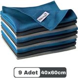 Mikrofiber Cam Bezi Genel Temizlik Bezi Mutfak Banyo Yüzey 9 Adet Mavi Antrasit Gri 40X60CM