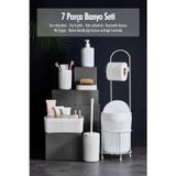 mikudesign 7 Parça Beyaz Banyo Seti Metal Stantlı Kovalı Wc Kağıtlık Kozmetik Kutusu Diş Fırçalık Ve Sabunlukla