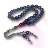 mikudesign Gümüş Püsküllü Deniz Mavisi Yuvarlak Sıkma Kehribar Tesbih MKTB-BD11005255