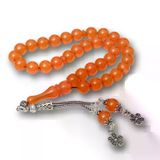 mikudesign Gümüş Püsküllü Turuncu Yuvarlak Sıkma Kehribar Tesbih MKTB-BD11005253