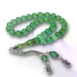 mikudesign Gümüş Püsküllü Yeşil Yuvarlak Sıkma Kehribar Tesbih MKTB-BD11005254