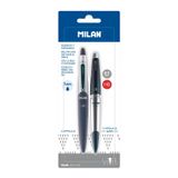 MILAN Blister 1 tükenmez kalem Mavi ve 1 kalem tutucu 0,5 mm Kapsül Silver