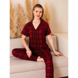 Milan Kadın Pijama Takımı, Kırmızı-Siyah Ekose Desen, Gömlek Yaka, Kısa Kol, Uzun Paça, Rahat Kesim